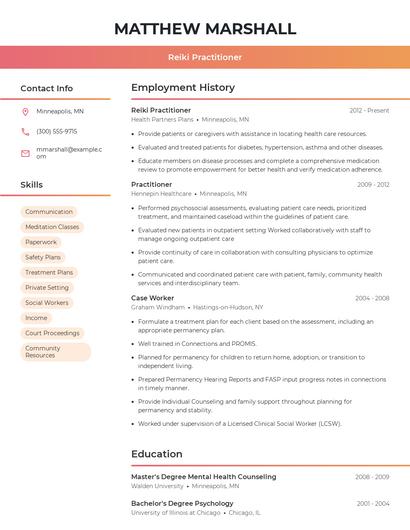 Reiki Practitioner Resume