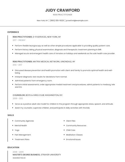 Reiki Practitioner Resume