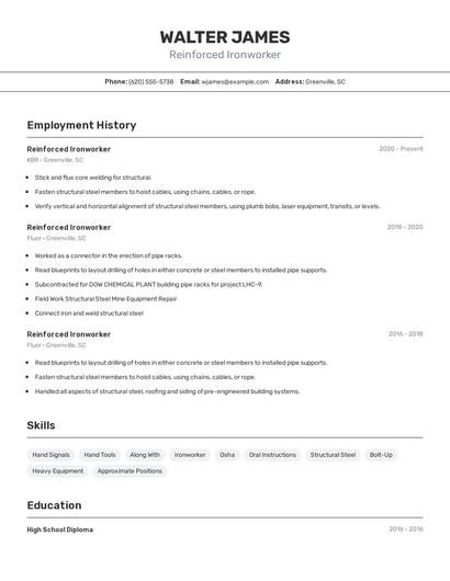 Reinforced Ironworker Resume