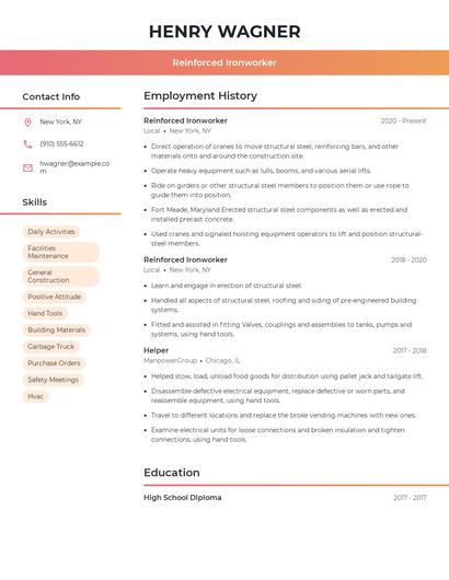 Reinforced Ironworker Resume