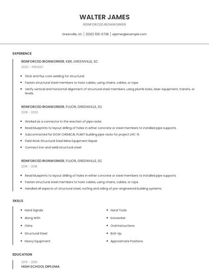 Reinforced Ironworker Resume