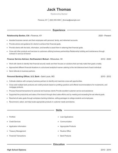 Relationship Banker Resume