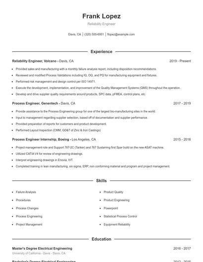 Reliability Engineer Resume