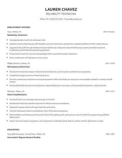 Reliability Technician Resume
