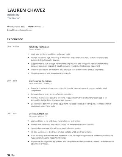 Reliability Technician Resume