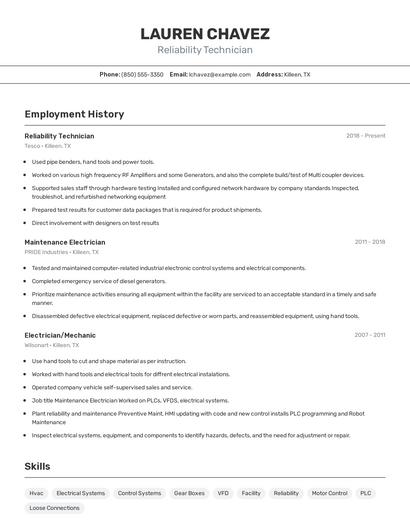 Reliability Technician Resume