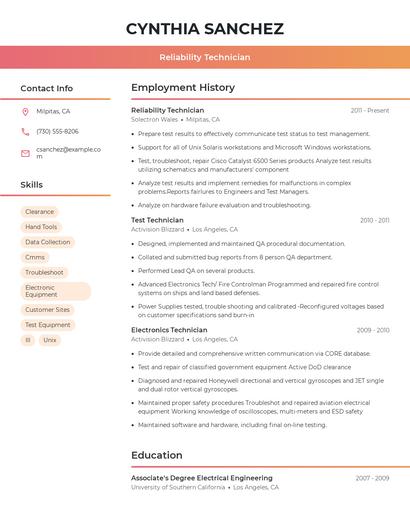 Reliability Technician Resume