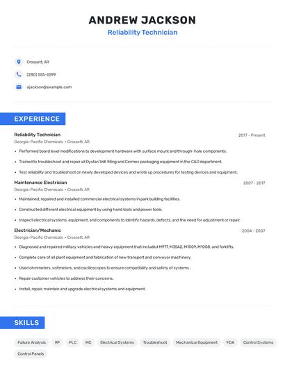 Reliability Technician Resume