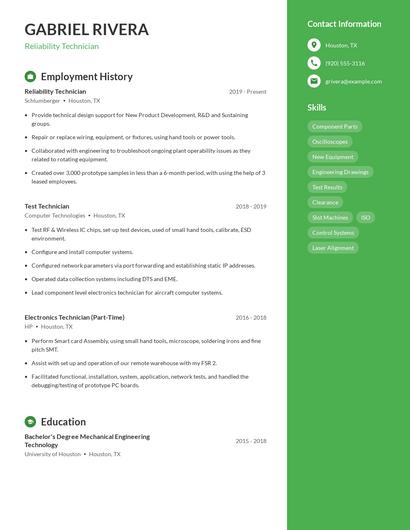 Reliability Technician Resume