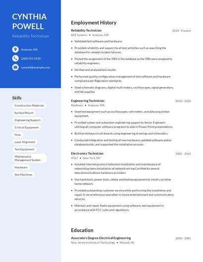 Reliability Technician Resume