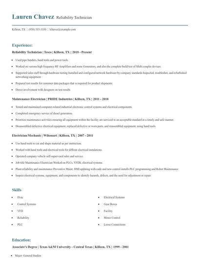 Reliability Technician Resume
