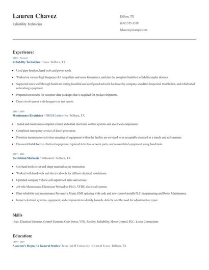 Reliability Technician Resume