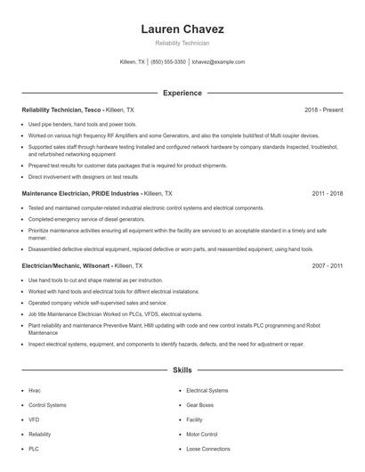 Reliability Technician Resume
