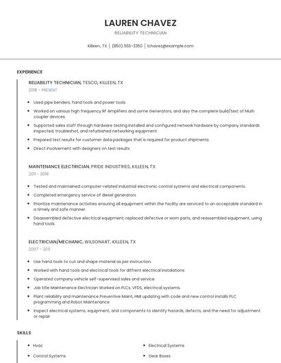 Reliability Technician Resume