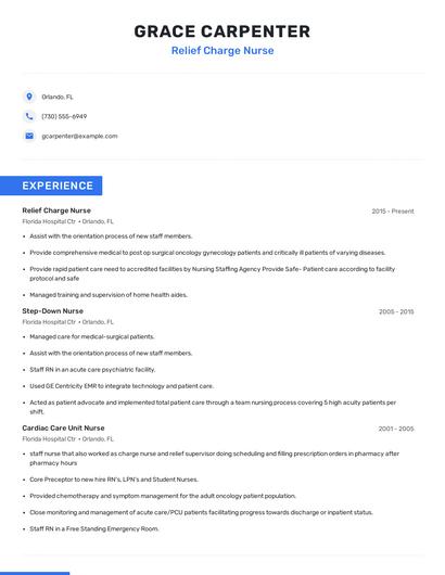Relief Charge Nurse Resume