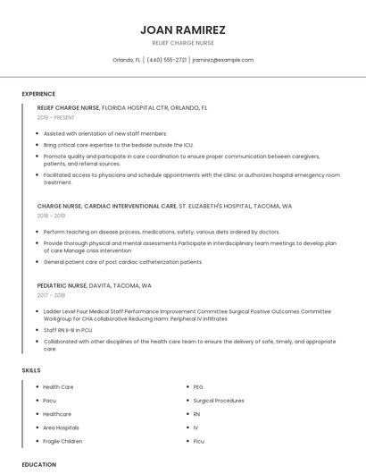 Relief Charge Nurse Resume