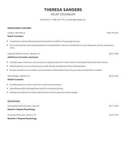 Relief Counselor Resume