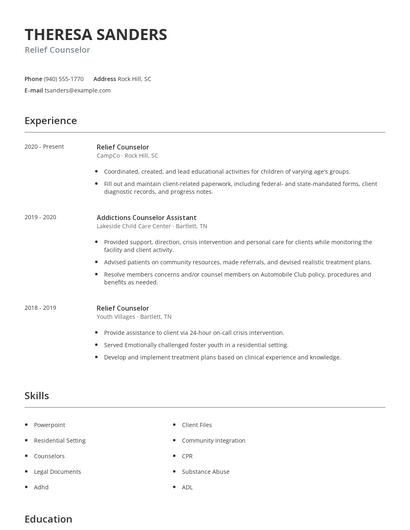 Relief Counselor Resume