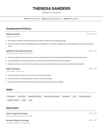 Relief Counselor Resume