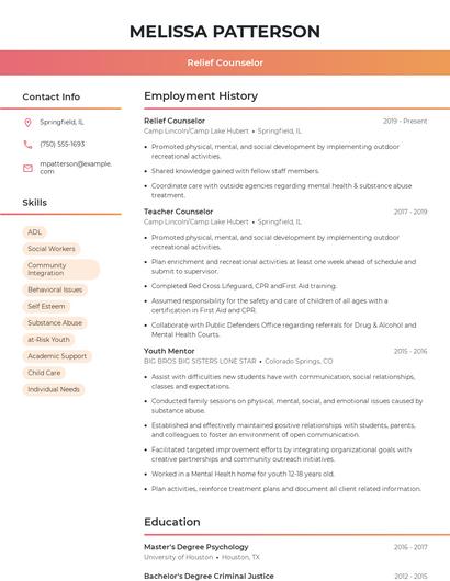 Relief Counselor Resume