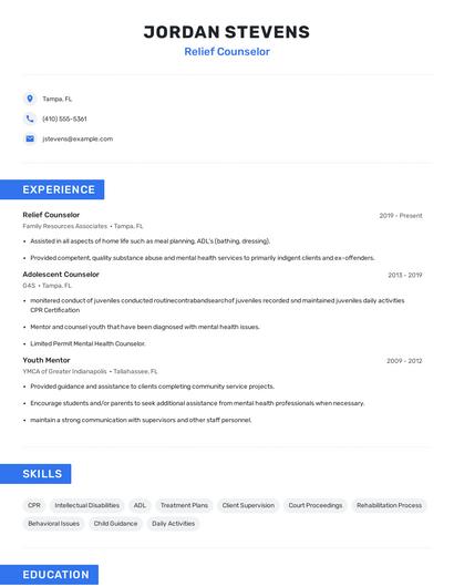 Relief Counselor Resume