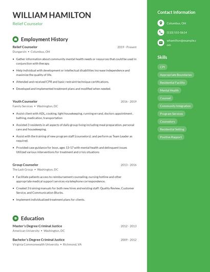 Relief Counselor Resume