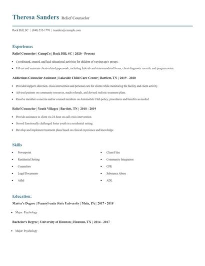 Relief Counselor Resume