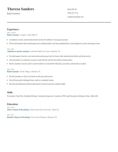 Relief Counselor Resume