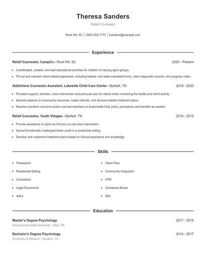 Relief Counselor Resume