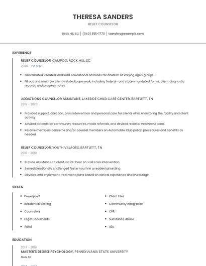 Relief Counselor Resume