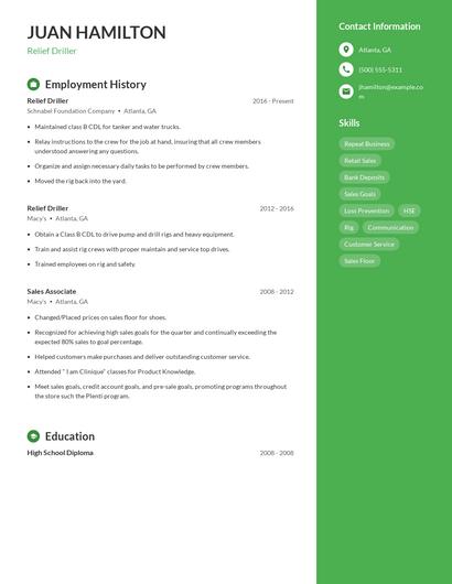 Relief Driller Resume