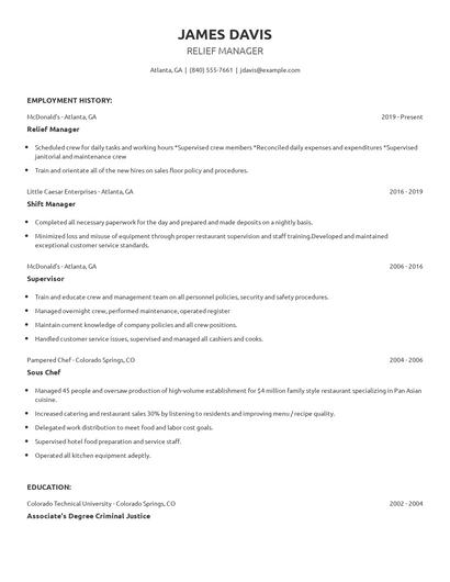 Relief Manager Resume