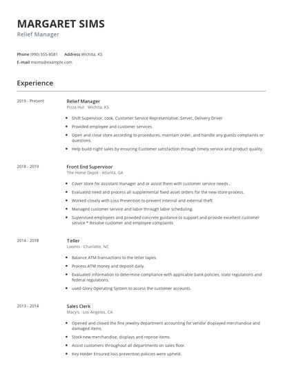 Relief Manager Resume