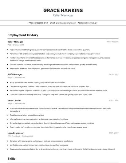 Relief Manager Resume