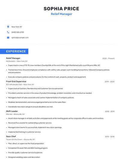 Relief Manager Resume