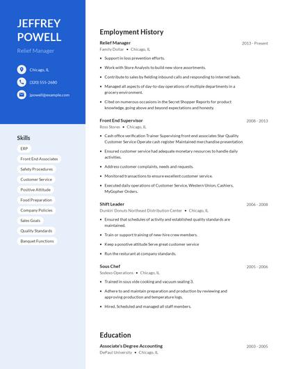 Relief Manager Resume