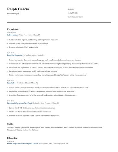 Relief Manager Resume