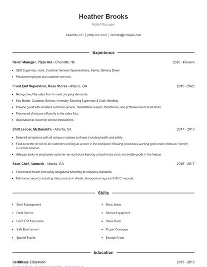Relief Manager Resume