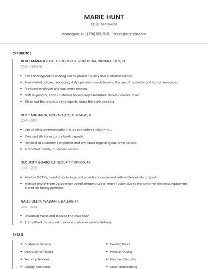 Relief Manager Resume