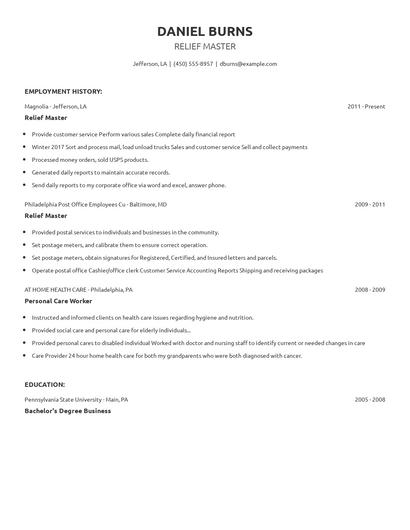 Relief Master Resume