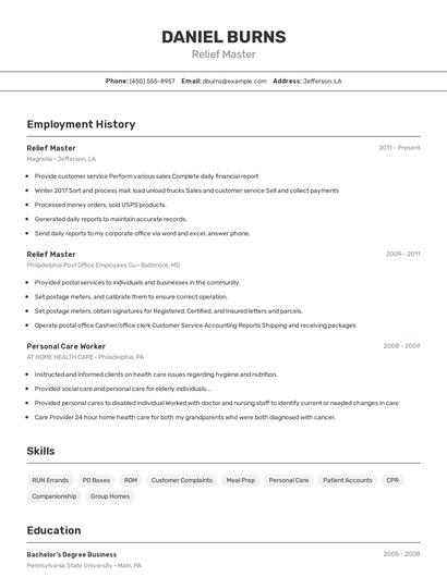 Relief Master Resume