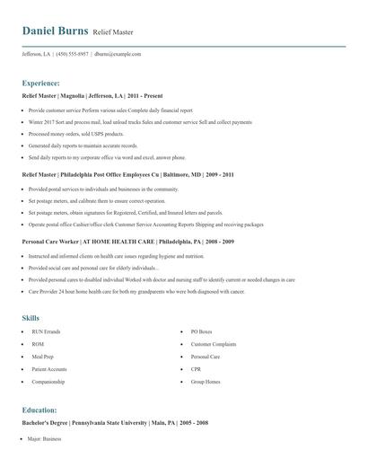 Relief Master Resume