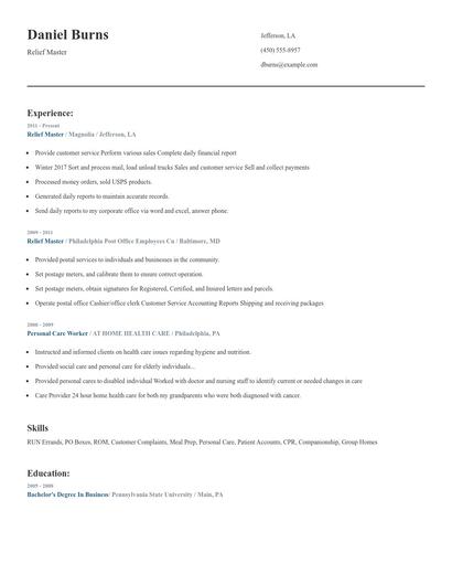 Relief Master Resume