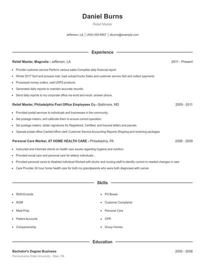 Relief Master Resume