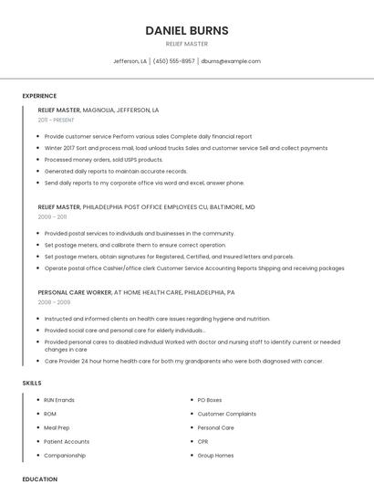 Relief Master Resume