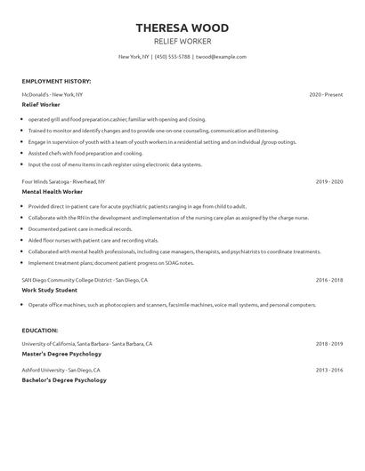 Relief Worker Resume