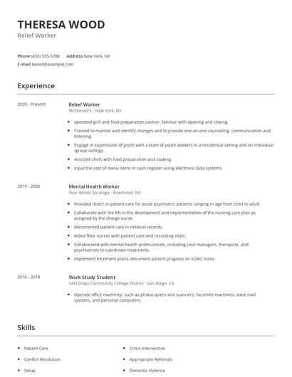 Relief Worker Resume