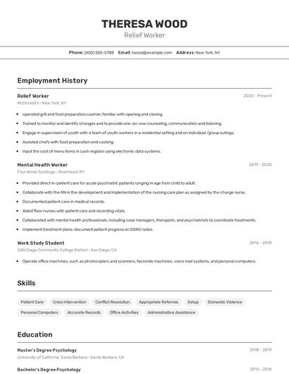 Relief Worker Resume
