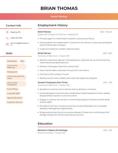 Relief Worker Resume