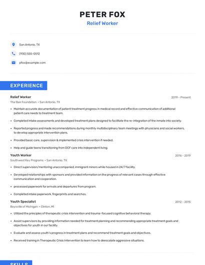 Relief Worker Resume